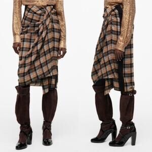 Zara Brown Plaid Draped Faux Wrap Midi Skirt